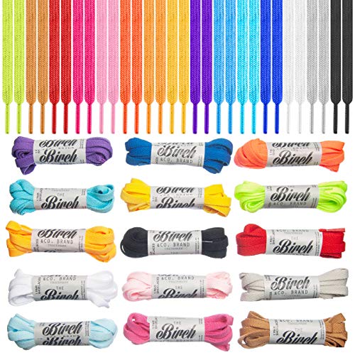 THE BIRCH & CO. BRAND 15 Pair Variety Pack 15 Different Colored Flat Shoelace Sneaker Laces Sport Athletic Shoe Shoestring Laces (L-45.5″ (115cm))