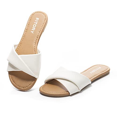 FITORY Women’s Flat Sandals Fashion Slides With Soft Leather Slippers for Summer White Size 8