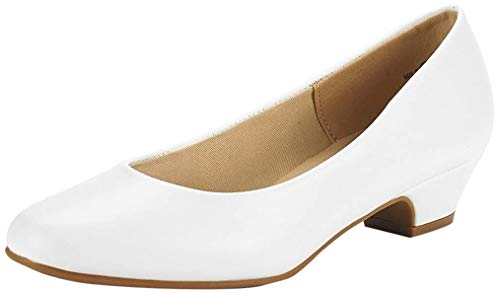 DREAM PAIRS Women’s Mila White Pu Low Chunky Heel Pump Shoes Size 7.5 M US