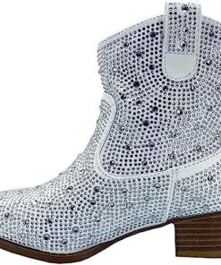 Forever Girls Rhinestone Cowboy Boots Kids Low Heel Dress Booties River-01K White 9