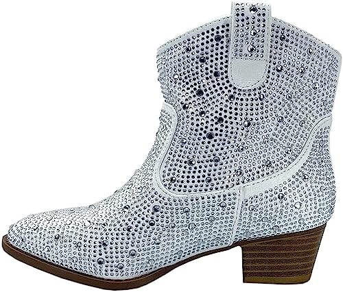 Forever Girls Rhinestone Cowboy Boots Kids Low Heel Dress Booties River-01K White 9