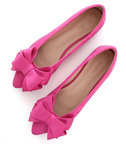 SAILING LU Bow-Knot Ballet Flats Womens Pointy Toe Flat Shoes Suede Dress Shoes Wear to Work Slip On Moccasins Rose Size 10