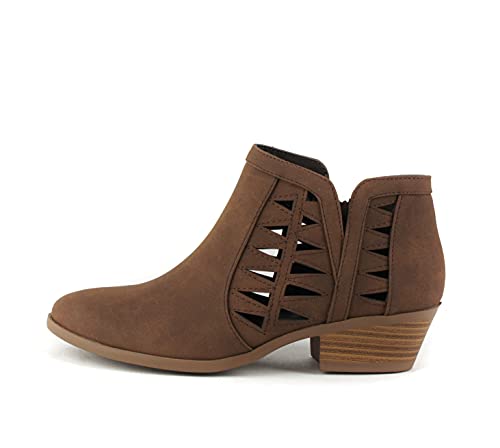 Soda CHANCE Womens Perforated Cut Out Stacked Block Heel Ankle Booties (Brown, numeric_8)