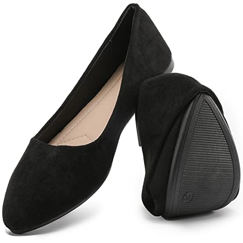 HEAWISH Women’s Black Flats Shoes Comfortable Suede Pointed Toe Slip On Casual Ballet Flats Dress Shoes Nude Flats(Black, US7)