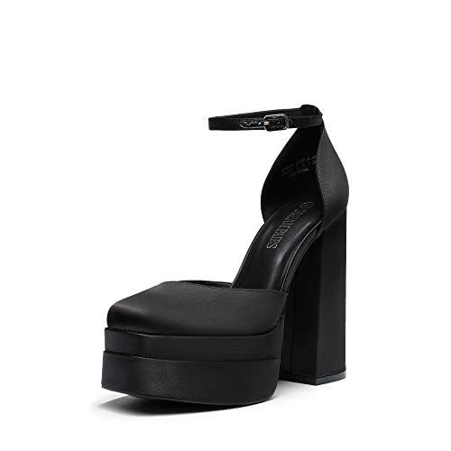DREAM PAIRS Womens Pointed Toe High Chunky Heels Pump Shoes, Black-Satin – 6 (SDPU2319W)