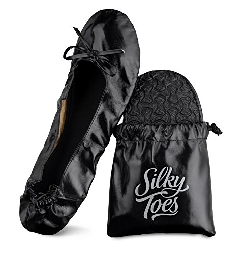 Silky Toes Women’s Foldable Portable Travel Ballet Flat Roll Up Slipper Shoes with Matching Carrying Pouch (Medium, Black)