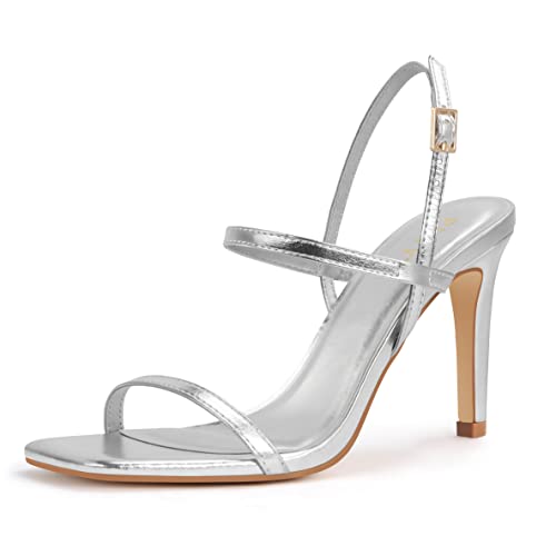 Women’s Strappy High Heeled Sandals Open Toe Ankle Strap 3-inch heel Comfy Dress Shoes for Weddings,EMMA-Silver Pu-7.5