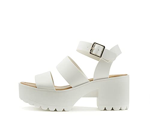 Soda ACCOUNT ~ Women Open Toe Two Bands Lug sole Fashion Block Heel Sandals with Adjustable Ankle Strap (White, numeric_8_point_5)