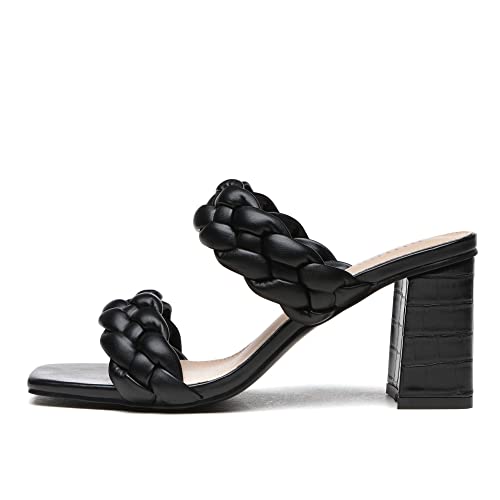 Rihero Women’s Braided Heeled Sandals Strappy Square Toe Slip On Chunky Black Heels Size 7.5