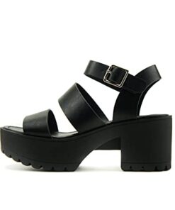Soda ACCOUNT ~ Women Open Toe Two Bands Lug sole Fashion Heel Sandals with Adjustable Ankle Strap (Black, numeric_8)