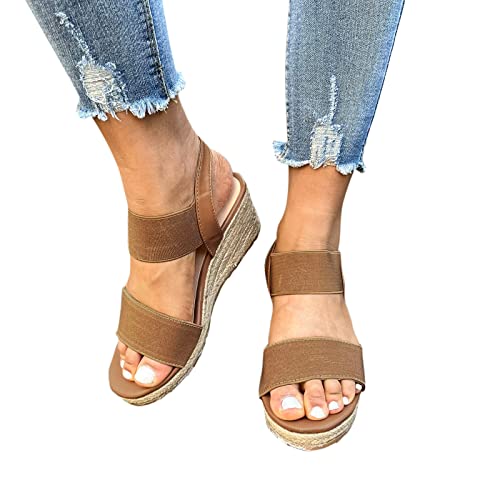 Aniywn Open Toe Sandals for Women Low Heel Espadrilles Platform Sandals Comfort Elastic Ankle Straps Slingback Shoes Brown