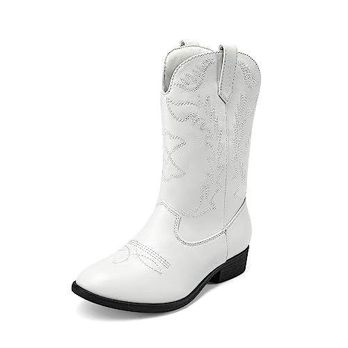 DREAM PAIRS Cowgirl Cowboy Western Boots Boys Girls Mid Calf Riding Shoes Sdbo214K White Size 4 Big Kid