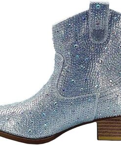 Forever Girls Rhinestone Cowboy Boots Kids Low Heel Dress Booties River-01K Silver 13