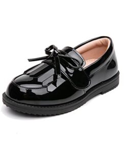 youngshow Girl’s Patent Leather Loafer Tassel Bow Flats with Hook-and-Loop Fastener School Uniform Dress Shoes for Girls Black
