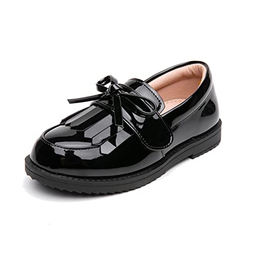 youngshow Girl’s Patent Leather Loafer Tassel Bow Flats with Hook-and-Loop Fastener School Uniform Dress Shoes for Girls Black