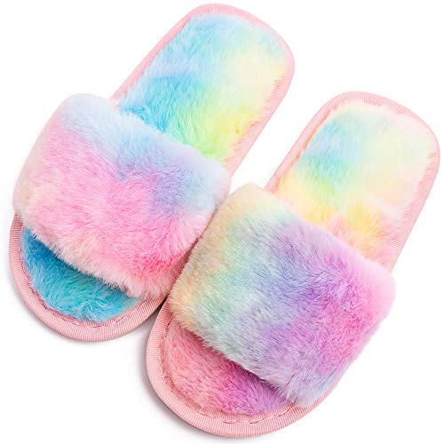 techcity Boys Girls Fuzzy House Slippers Cute Comfy Faux Fur Slip On Fluffy Plush Open Toe Home Slides for Kids Indoor Outdoor Warm Shoes (Rainbow, numeric_3)