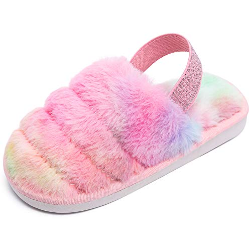 Kids Fluffy Fuzzy Slippers Rainbow Color House Home Slippers for Boys and Girls Faux Fur Slides with Strap Little Kids Slip-on Shoes