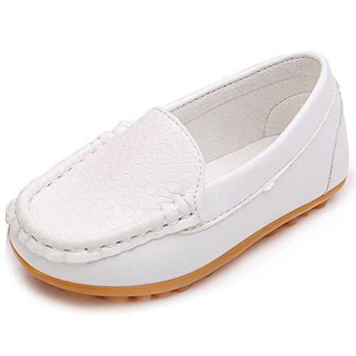LONSOEN Toddler/Little Kid Boys Girls Soft Synthetic Leather Loafer Slip-On Boat-Dress Shoes/Sneakers,White,SHF103 CN27