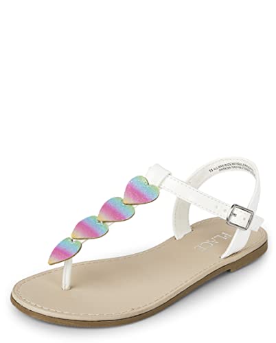 The Children’s Place Girls T-Strap Sandals with Ankle Buckle, White Multi Hearts, 4 Big Kid