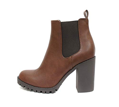 Soda Glove – Ankle Boot w/Lug Sole Elastic Gore and Chunky Heel (7.5, Brown (PU))