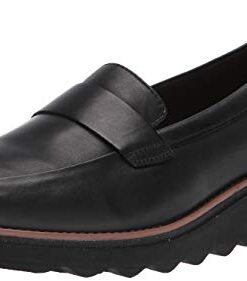 Clarks womens Sharon Gracie Penny Loafer, Black Leather With Dark Tan Welt, 9 US