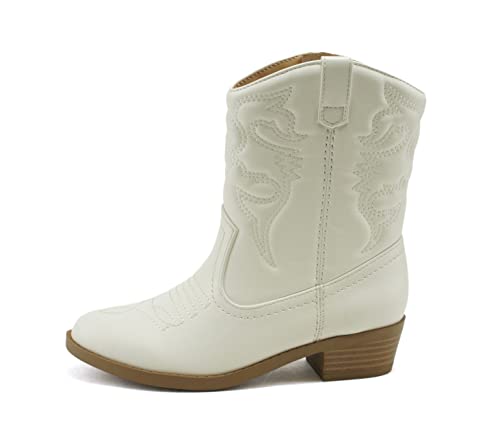 Soda RENO-2 Kids/Girls/Children Western Cowboy Stitched Pointe Toe Low Heel Ankle Mid Shaft Fashion Boots (3 LITTLE KID, WHITE PU, numeric_3)
