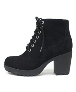 Soda Second Lug Sole Chunky Heel Combat Ankle Boot Lace up w/Side Zipper (5.5, Black Imitation Suede)