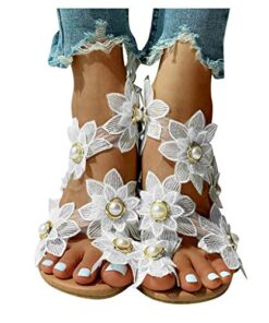NOLDARES Sandals for Women Summer Casual Ring Toe Slip-On Flat Flowers Sandals Solid Fashion Girls Sandals, Z1 White, 8