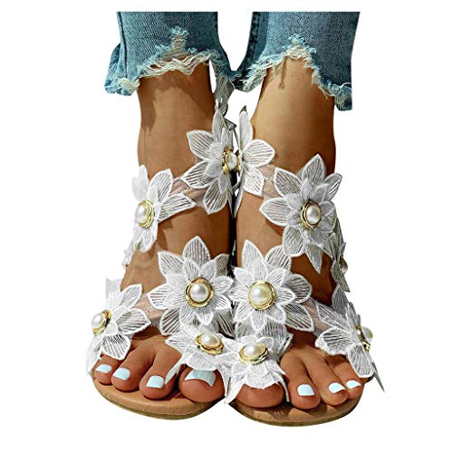 NOLDARES Sandals for Women Summer Casual Ring Toe Slip-On Flat Flowers Sandals Solid Fashion Girls Sandals, Z1 White, 8
