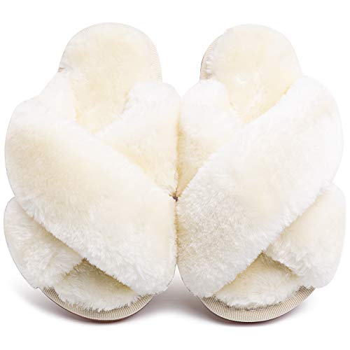 eccbox Girls Fluffy Slippers Kids Leopard Tie Dye Open Toe Memory Foam Slides Sandals Soft Plush Cross Band House Shoes Indoor Outdoor Slip On (White, numeric_3_point_5)