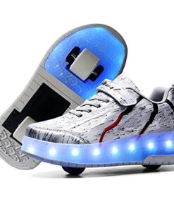 Qneic Roller Shoes USB Rechargeable Roller Skate Shoes Wheels Sneakers for Boys Girls Light Up Shoes Kids(4 Big Kid,Silver)