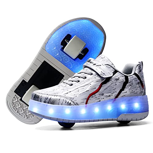 Qneic Roller Shoes USB Rechargeable Roller Skate Shoes Wheels Sneakers for Boys Girls Light Up Shoes Kids(4 Big Kid,Silver)