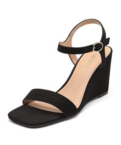 DREAM PAIRS Women?s Casual Dressy Wedge Sandals Cute Square Toe and Buckle Ankle Strappy Slingback Wedding Shoes?Sdpw224w, Black/Suede, Size 9.5