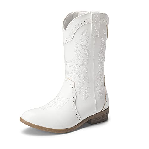 DREAM PAIRS SDBO2222K Boys Girls Cowgirl Cowboy Western Boots Mid Calf Riding Shoes White Size 5 Big Kid