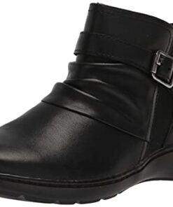 Clarks Women’s Cora Rouched Ankle Boot, Black Leather, 8.5