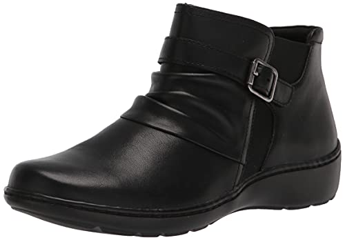 Clarks Women’s Cora Rouched Ankle Boot, Black Leather, 8.5