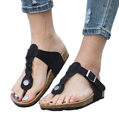 Kaluo Women Casual Solid Braided Flip-Flop Shoes Flat Sandals Black