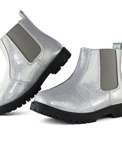 Tobfis Girl’s Fashion Glitter Chelsea Boot Ankle Boots,Silver PU,8 M US Toddler