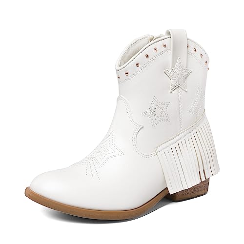 DREAM PAIRS Girls Cowgirl Cowboy Ankle Western Boots Side Zipper Riding Shoes with Tassel Sdbo2302K White Size 10 Toddler