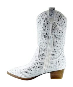 ABSOLEX Girls’ Western Cowgirl Cowboy Pointed Toe Rhinestone Low Heel Boots, White, 10