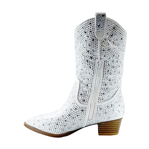 ABSOLEX Girls’ Western Cowgirl Cowboy Pointed Toe Rhinestone Low Heel Boots, White, 10