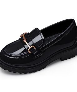 Girl’s Platform Loafers Slip On Chain Chunky Heel Leather Flats Round Toe School Uniform Dress Shoes Black