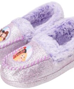 Disney Girls’ Princesses Slippers –  Fuzzy Slipper Moccasins – Non-Skid Slippers (Little/Big Girl), Size 2-3, Lavender Princess