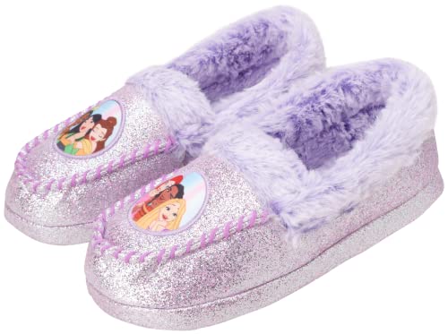 Disney Girls’ Princesses Slippers –  Fuzzy Slipper Moccasins – Non-Skid Slippers (Little/Big Girl), Size 2-3, Lavender Princess
