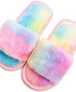 techcity Boys Girls Fuzzy House Slippers Cute Comfy Faux Fur Slip On Fluffy Plush Open Toe Home Slides for Kids Indoor Outdoor Warm Shoes (Rainbow, numeric_13_point_5)
