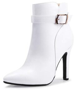IDIFU Women’s DANA Pointed Toe Stiletto High Heels Ankle Booties Side zipper Short Boots With Metal Buckle(9, White Pu)