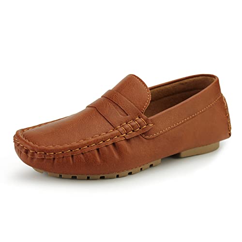 Hawkwell Kids Casual Penny Loafer Moccasin Dress Driver Shoes, Brown PU, 12 M US Little Kid