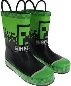 Minecraft Rain Boot for Kids, 100% Rubber Creeper Wellie Boot Waterproof, Green/Black, Big Kid Size 3/4