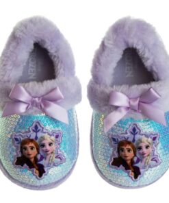 Disney Frozen Elsa & Anna Girls Slippers – Plush Non-Slip Comfy Fluffy Lightweight Warm Comfort Soft Aline Indoor House Slippers – Purple (Toddler 5-6)