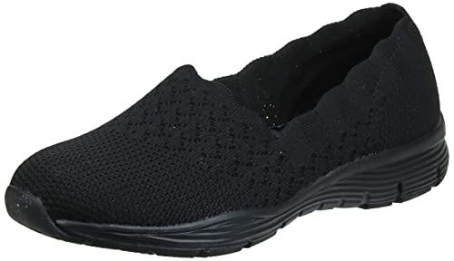 Skechers Women’s Seager-STAT-Scalloped Collar, Engineered Skech-Knit Slip-On-Classic Fit Loafer, Black/Black, 10